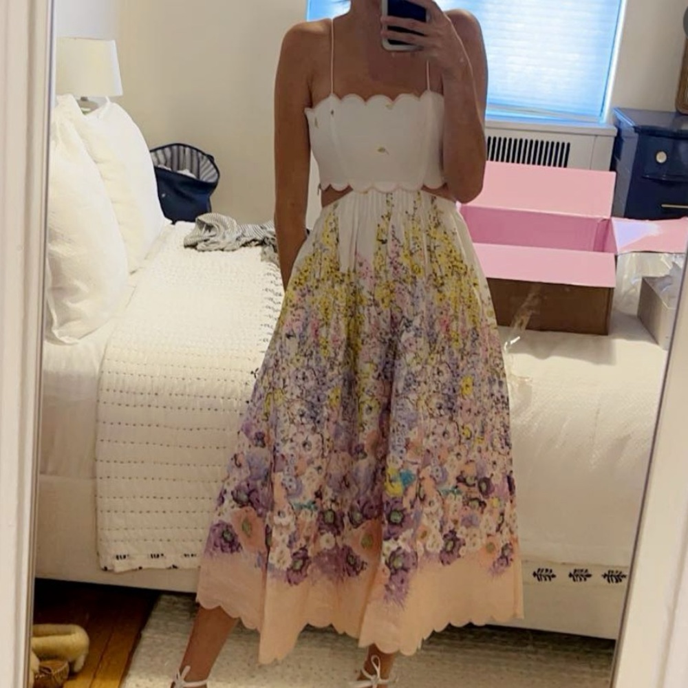 Zimmermann Scallop Midi Dress Peach Gradient Floral